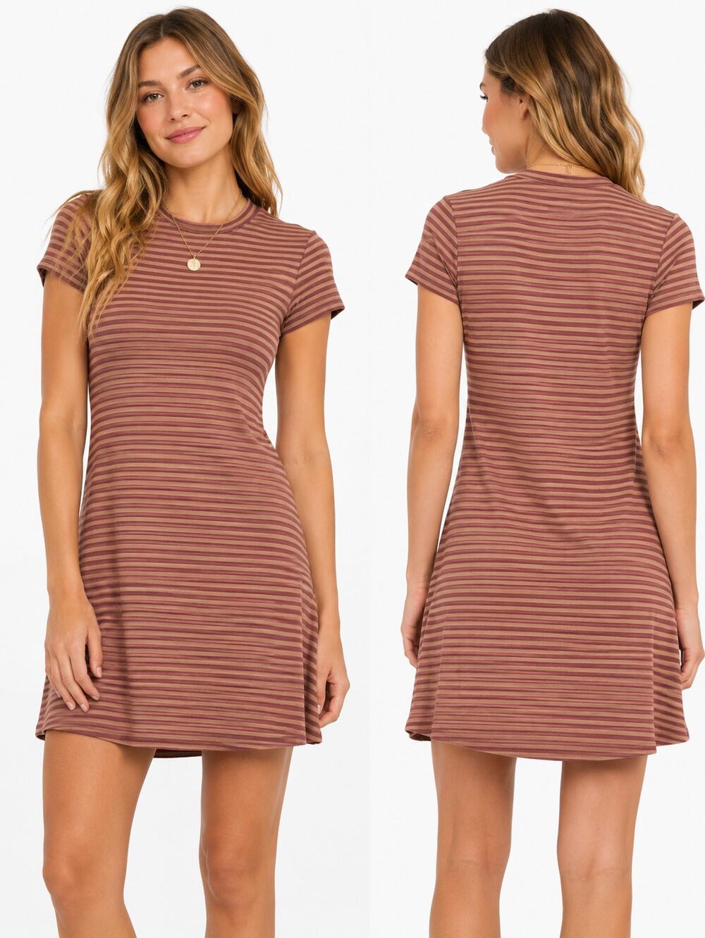 Free People Beach Striped T Shirt Dress Medium Mauve Tan Swing Knit Casual Boho